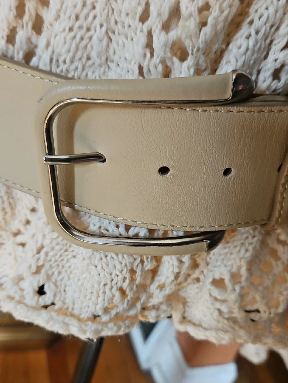 Per Se Cream Leather Belt with Silver Leather Wrap Buckle